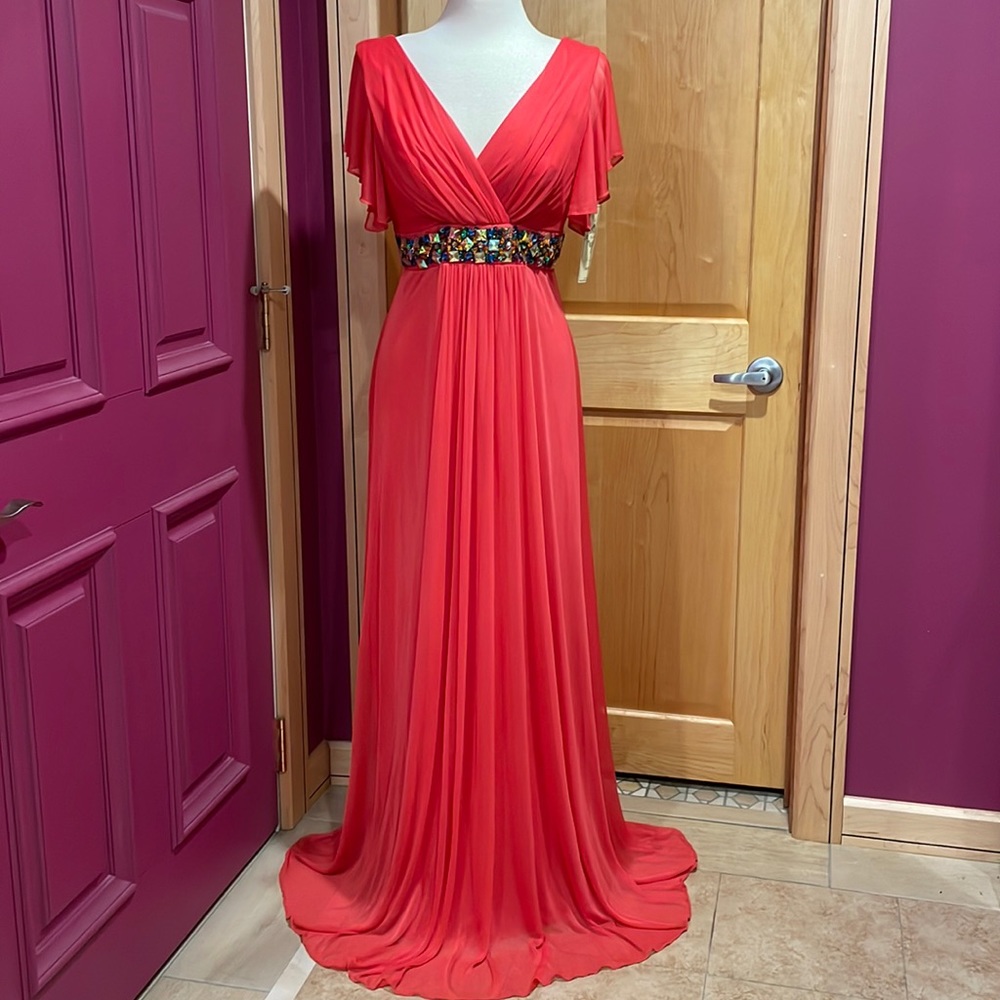 V-Neck Dress with Beading (Apricot & Blue)